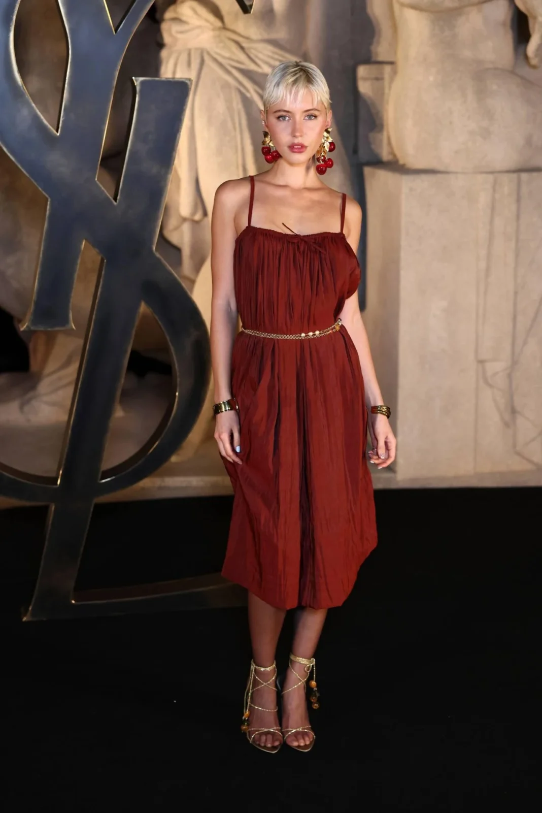 Iris Law Stuns in BrickโRed Saint Laurent Dress at Paris Fashion Week 2026